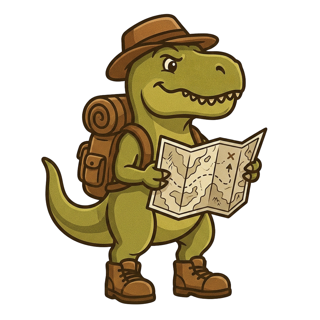 TREKS T. rex mascot — Exploring with a map