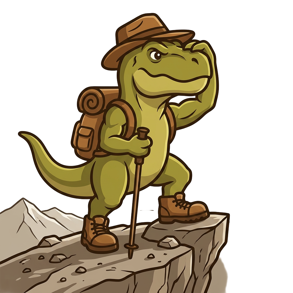 The TREKS T. rex mascot in an explorer hat, standing on a ridge looking across the mountains