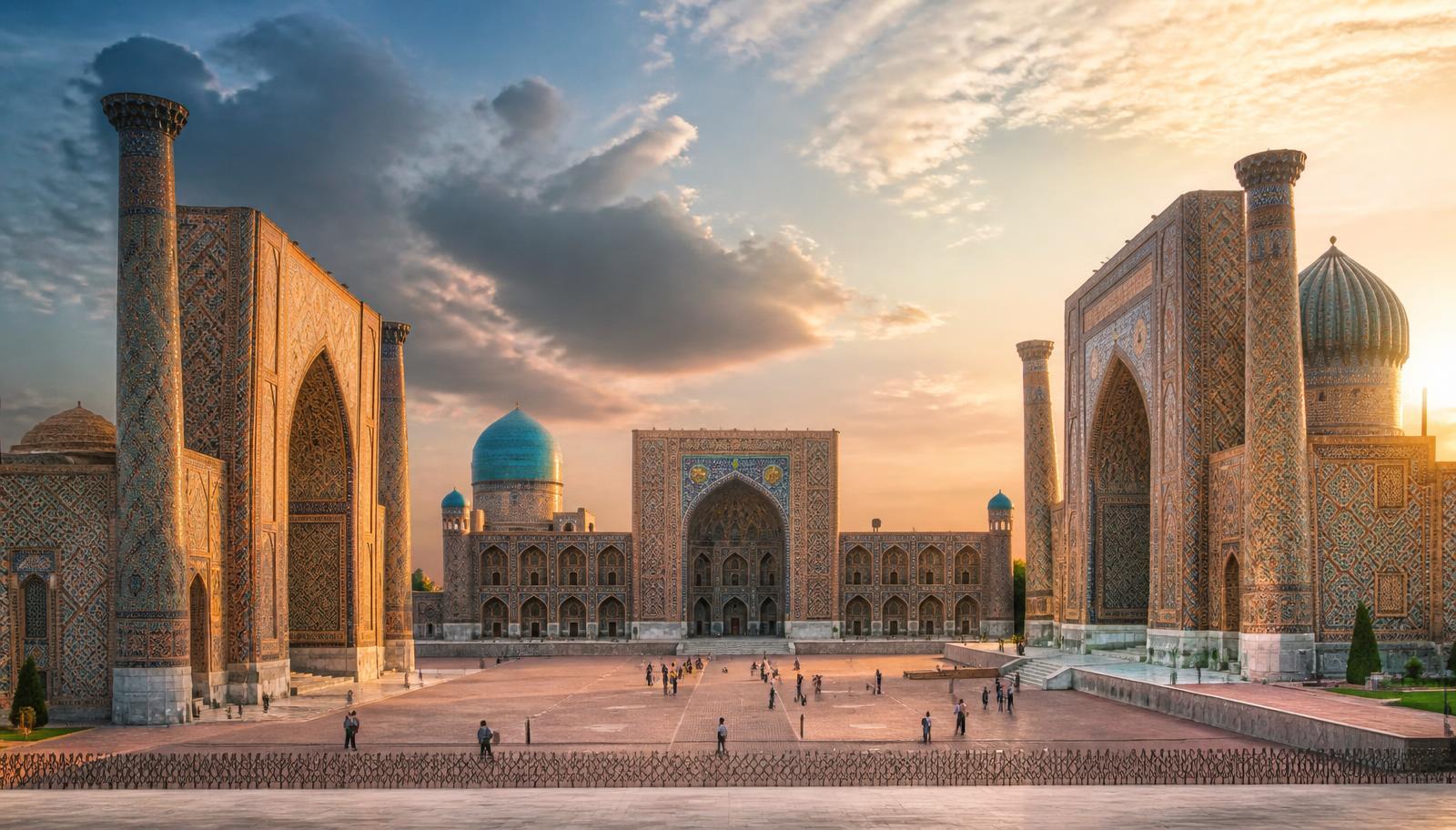 Tiled madrasas and turquoise domes of the Registan in Samarkand, Uzbekistan